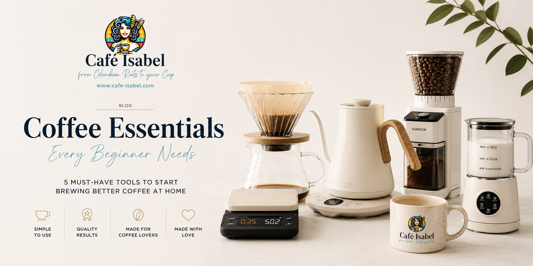 Coffee essentials for beginners: gooseneck kettle, burr grinder, coffee scale, V60 dripper, and milk frother - Café Isabel Amazon Finds